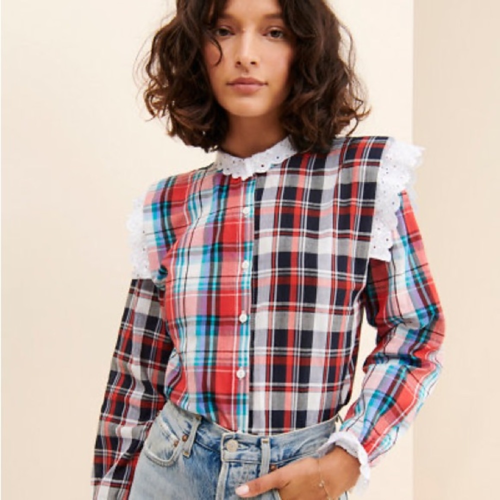 PASTICHE Gala Plaid Ruffle Button Down Shirt